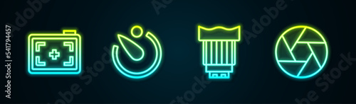 Set line Photo camera, Camera timer, photo lens and shutter. Glowing neon icon. Vector