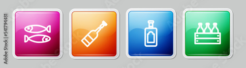 Set line Dried fish, Opened bottle of wine, Whiskey and Bottles a wooden box. Colorful square button. Vector