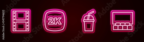 Set line Play video, 2k Ultra HD, Paper glass with water and Cinema auditorium screen. Glowing neon icon. Vector