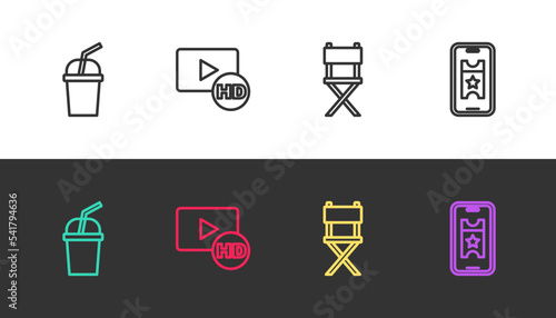 Set line Paper glass with water, Hd movie, tape, frame, Director chair and Buy cinema ticket online on black and white. Vector
