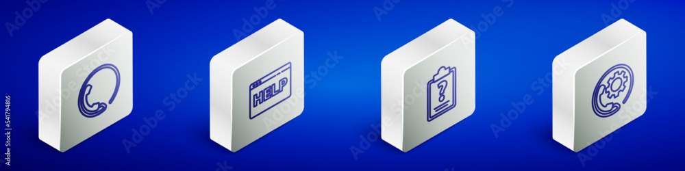 Set Isometric line Telephone 24 hours support, Browser help, Clipboard with question marks and icon. Vector Set Isometric line Telephone 24 hours support, Browser help, Clipboard with question marks and icon. Vector