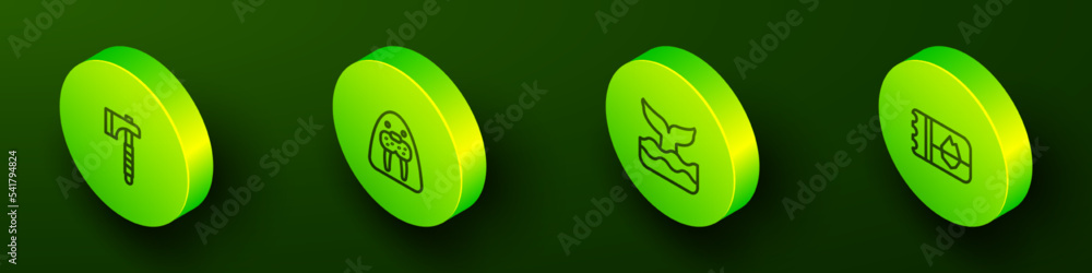 Set Isometric line Wooden axe, Walrus animal, Whale tail and Ticket in Iceland icon. Vector Set Isometric line Wooden axe, Walrus animal, Whale tail and Ticket in Iceland icon. Vector