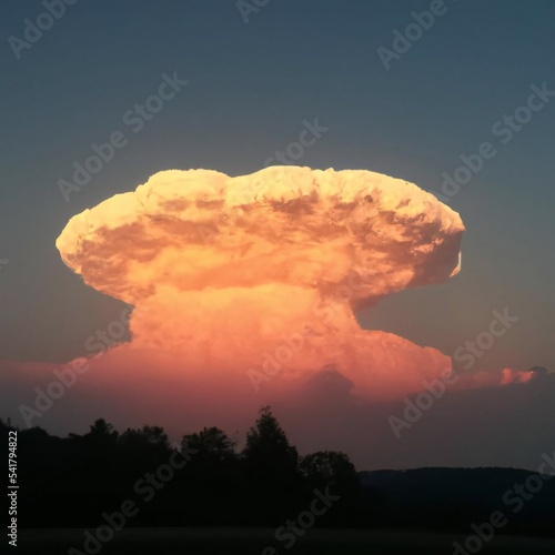 Mushroom cloud created by a nuclear bomb explosion with sun shining on the plume of smoke and silhouette of a forest in the foreground