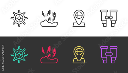 Set line Ship steering wheel, Northern lights, Location flag Iceland and Binoculars on black and white. Vector