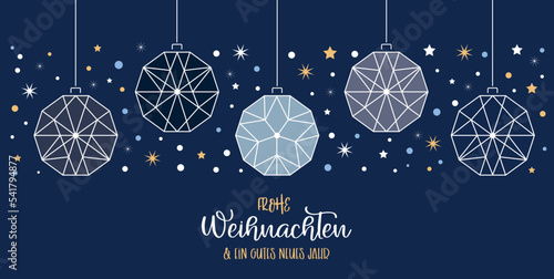 Weihnachtskarte mit Christbaumkugeln und Baumbehang - deutscher Text auf blauem Hintergrund