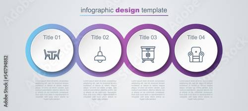 Set line Table with chair, Lamp hanging, Furniture nightstand and Armchair. Business infographic template. Vector