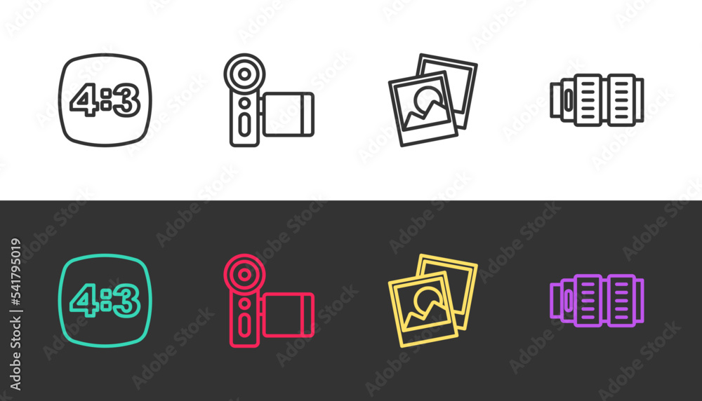 Set line Photo frame 4, Cinema camera, and Camera photo lens on black and white. Vector Set line Photo frame 4, Cinema camera, and Camera photo lens on black and white. Vector