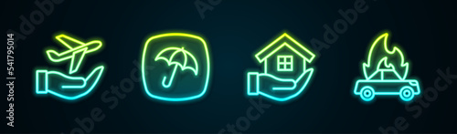 Set line Plane in hand, Umbrella, House and Burning car. Glowing neon icon. Vector