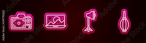 Set line Photo camera, retouching, Studio light bulb softbox and Dust blower. Glowing neon icon. Vector