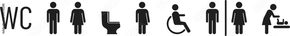 WC icons set. Male, female, unisex, person with disabilities and mother with child symbols. WC icons set. Male, female, unisex, person with disabilities and mother with child symbols.