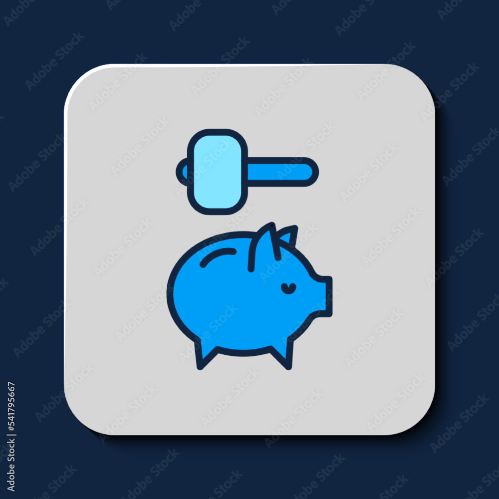 Filled outline Piggy bank and hammer icon isolated on blue background. Icon saving or accumulation of money, investment. Vector Filled outline Piggy bank and hammer icon isolated on blue background. Icon saving or accumulation of money, investment. Vector