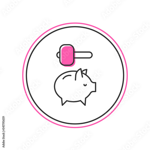 Filled outline Piggy bank and hammer icon isolated on white background. Icon saving or accumulation of money, investment. Vector