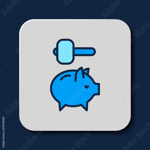 Filled outline Piggy bank and hammer icon isolated on blue background. Icon saving or accumulation of money, investment. Vector