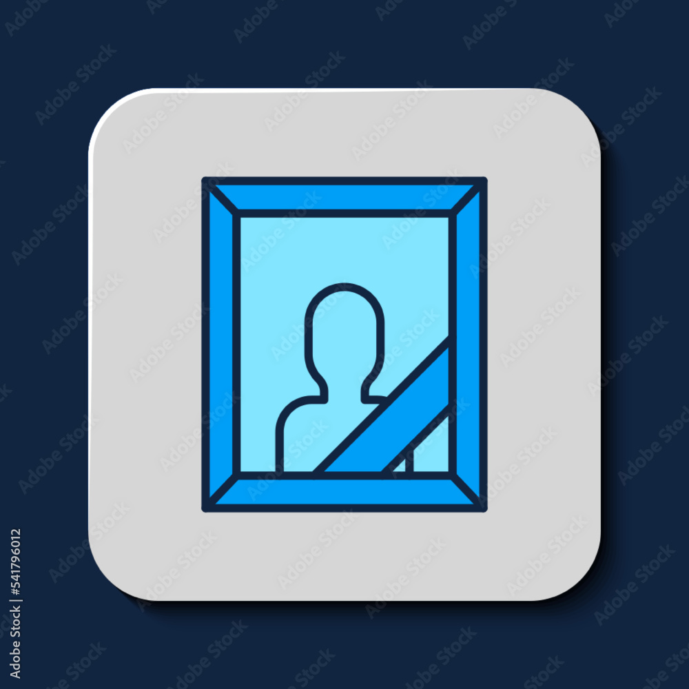 Filled outline Mourning photo frame with black ribbon icon isolated on blue background. Funeral ceremony and condolence card layout. Vector Filled outline Mourning photo frame with black ribbon icon isolated on blue background. Funeral ceremony and condolence card layout. Vector