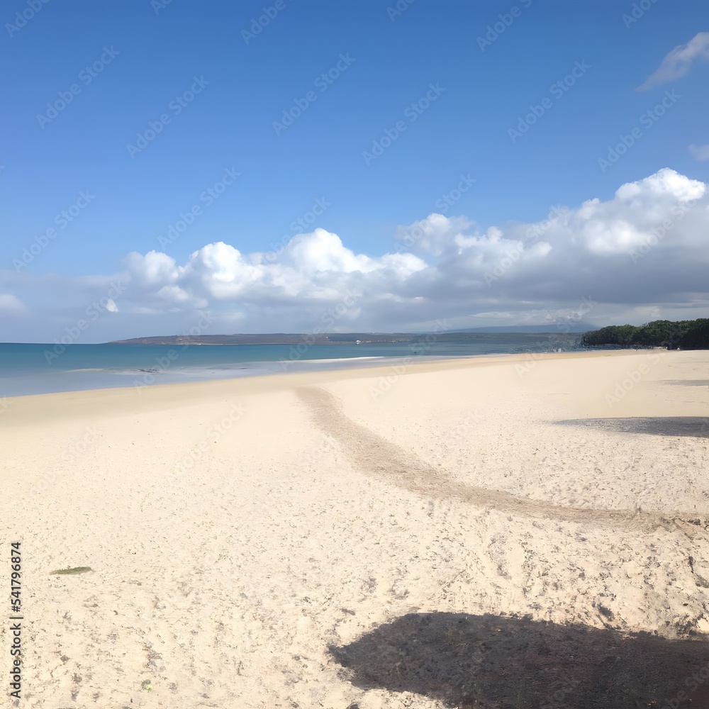 Sandy tropical beach with white sand and clouds in the sunny sky Sandy tropical beach with white sand and clouds in the sunny sky