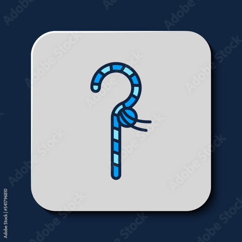Filled outline Crook icon isolated on blue background. Ancient Egypt symbol. Scepters of egypt. Vector