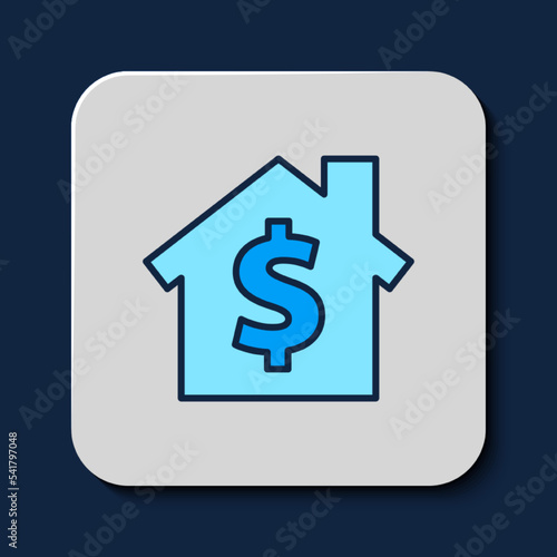 Filled outline House with dollar symbol icon isolated on blue background. Home and money. Real estate concept. Vector