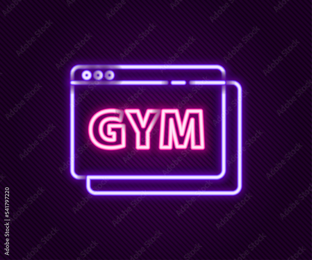 Glowing neon line Online fitness and training icon isolated on black background. Colorful outline concept. Vector