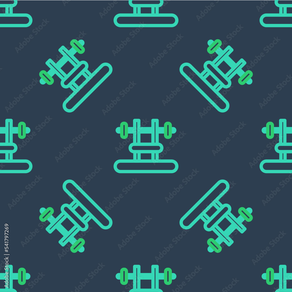 Line Bench with barbel icon isolated seamless pattern on blue background. Gym equipment. Bodybuilding, powerlifting, fitness concept. Vector Line Bench with barbel icon isolated seamless pattern on blue background. Gym equipment. Bodybuilding, powerlifting, fitness concept. Vector