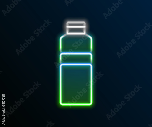 Glowing neon line Fitness shaker icon isolated on black background. Sports shaker bottle with lid for water and protein cocktails. Colorful outline concept. Vector