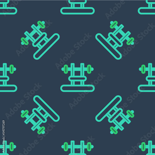 Line Bench with barbel icon isolated seamless pattern on blue background. Gym equipment. Bodybuilding, powerlifting, fitness concept. Vector