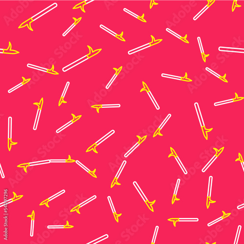 Line Metal pike pole with wooden handle icon isolated seamless pattern on red background. Spear, pickaxe, hook hand extinguishing instrument and tool for fireman. Vector