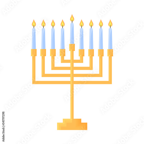 Hanukkah menorah isolated. Traditional Judaic Hanukah symbol. Jewish square candle holder with nine candles on white background. Flat vector illustration