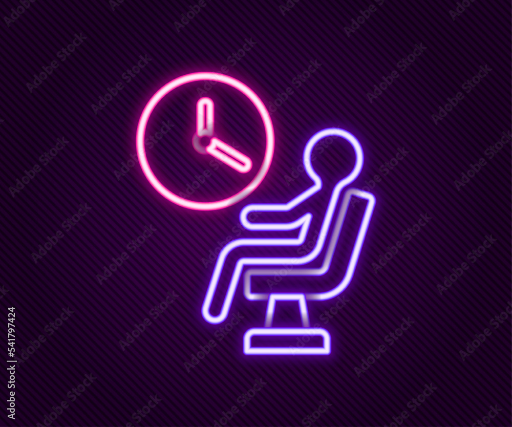 Glowing neon line Human waiting in airport terminal icon isolated on black background. Colorful outline concept. Vector Glowing neon line Human waiting in airport terminal icon isolated on black background. Colorful outline concept. Vector