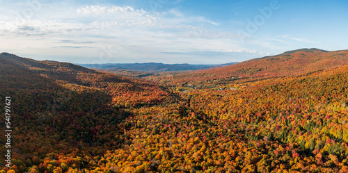 Aerial panorama of the valley with Smugglers Notch vacation and skiing resort in the fall