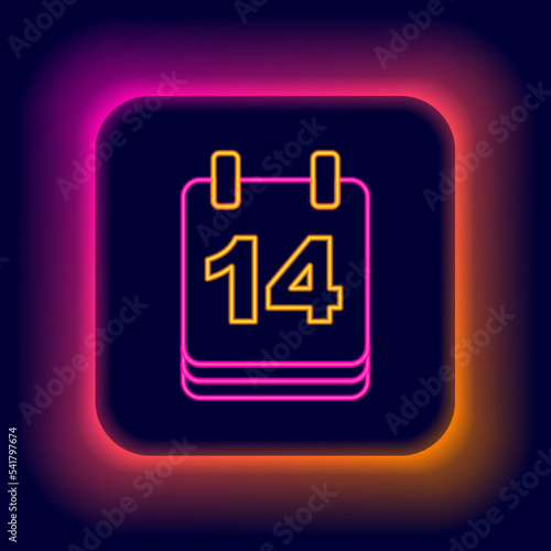 Glowing neon line Calendar with February 14 icon isolated on black background. Valentines day. Love symbol. Colorful outline concept. Vector