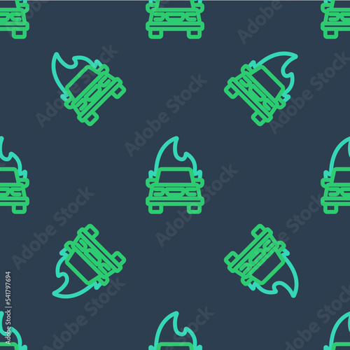 Line Burning car icon isolated seamless pattern on blue background. Insurance concept. Car on fire. Broken auto covered with fire and smoke. Vector