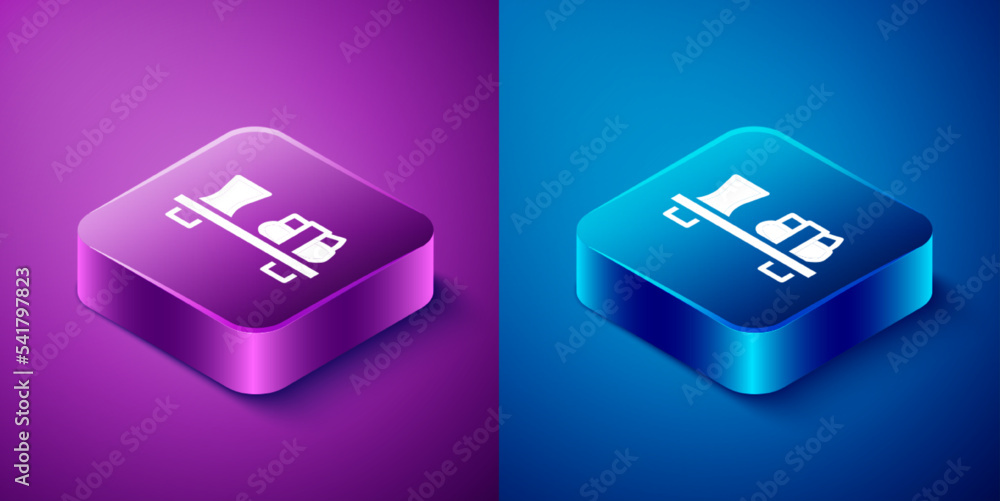 Isometric Sushi on cutting board icon isolated on blue and purple background. Asian food sushi on wooden board. Square button. Vector Isometric Sushi on cutting board icon isolated on blue and purple background. Asian food sushi on wooden board. Square button. Vector