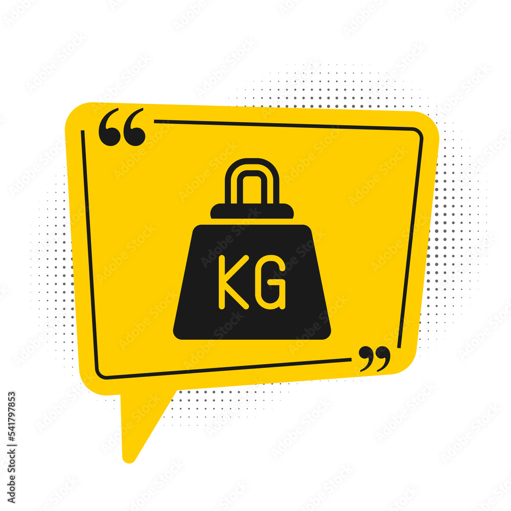 Black Weight icon isolated on white background. Kilogram weight block for weight lifting and scale. Mass symbol. Yellow speech bubble symbol. Vector Black Weight icon isolated on white background. Kilogram weight block for weight lifting and scale. Mass symbol. Yellow speech bubble symbol. Vector