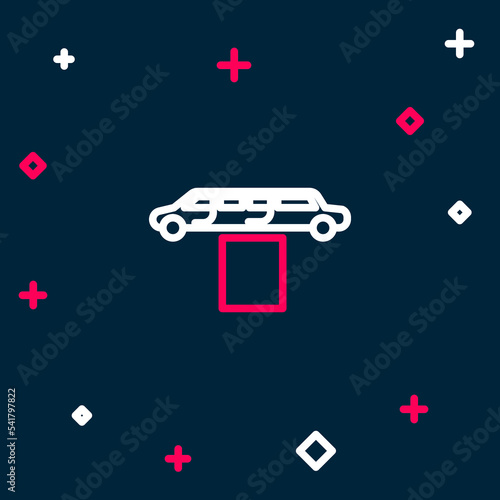Line Luxury limousine car and carpet icon isolated on blue background. For world premiere celebrities and guests poster. Colorful outline concept. Vector