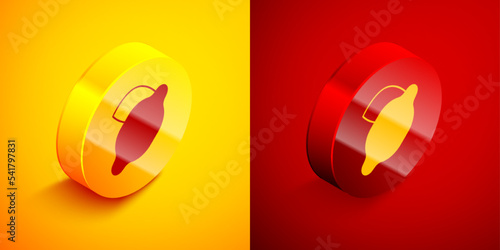 Isometric Casino slot machine with lemon symbol icon isolated on orange and red background. Gambling games. Circle button. Vector