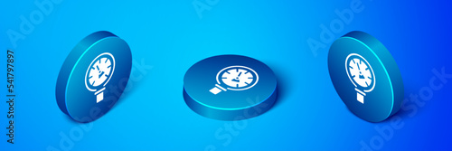 Isometric Pressure water meter icon isolated on blue background. Blue circle button. Vector