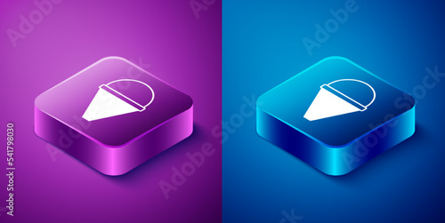 Isometric Fire cone bucket icon isolated on blue and purple background. Metal cone bucket empty or with water for fire fighting. Square button. Vector