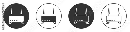 Black Router and wi-fi signal icon isolated on white background. Wireless ethernet modem router. Computer technology internet. Circle button. Vector