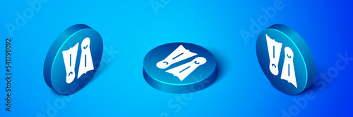 Isometric Rubber flippers for swimming icon isolated on blue background. Diving equipment. Extreme sport. Diving underwater equipment. Blue circle button. Vector