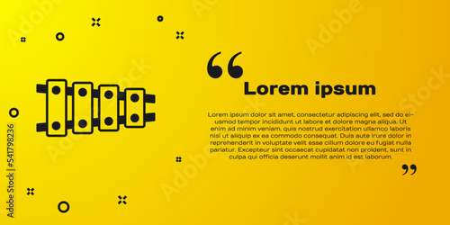 Black Xylophone - musical instrument with thirteen wooden bars and two percussion mallets icon isolated on yellow background. Vector
