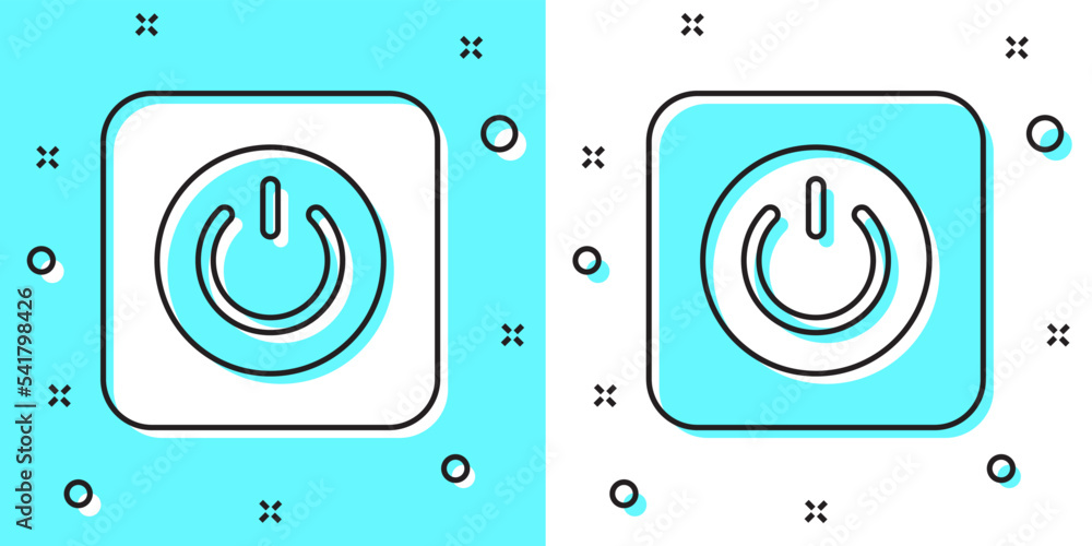 Black line Power button icon isolated on green and white background. Start sign. Random dynamic shapes. Vector Black line Power button icon isolated on green and white background. Start sign. Random dynamic shapes. Vector