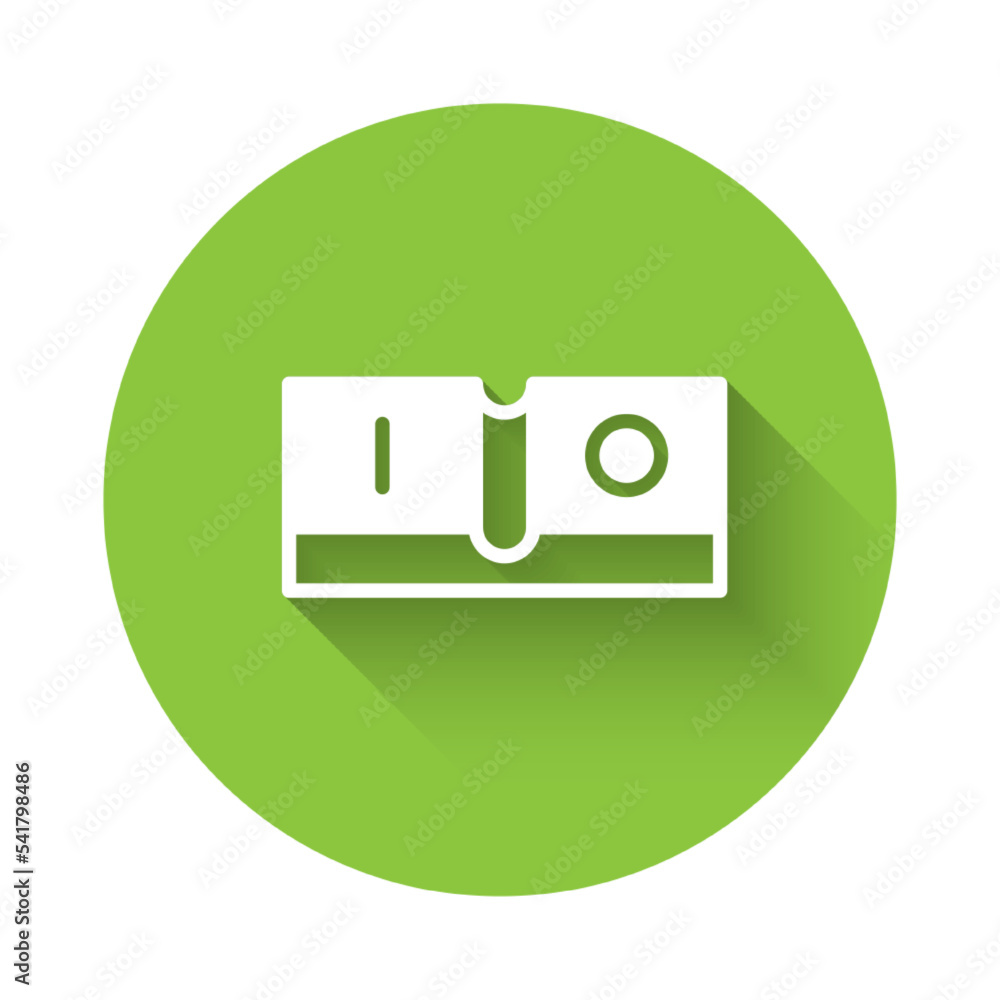 White Electric light switch icon isolated with long shadow background. On and Off icon. Dimmer light switch sign. Concept of energy saving. Green circle button. Vector White Electric light switch icon isolated with long shadow background. On and Off icon. Dimmer light switch sign. Concept of energy saving. Green circle button. Vector