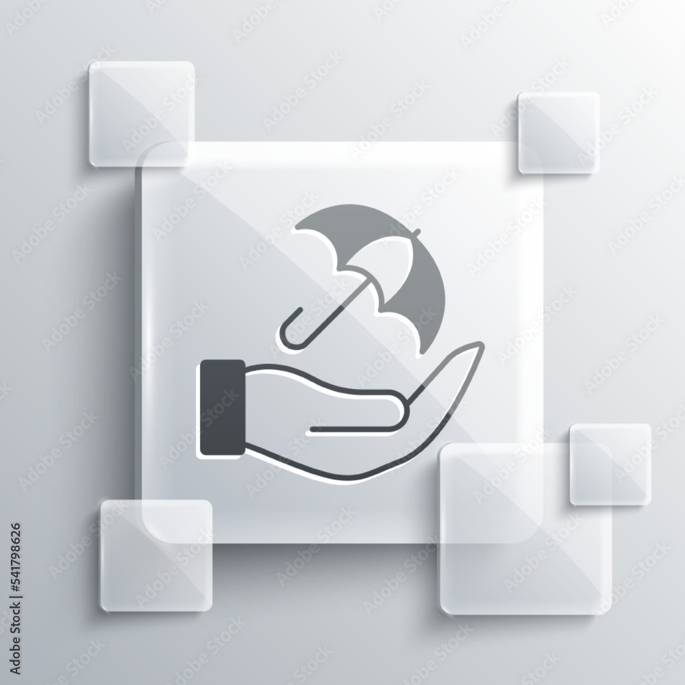 Grey Umbrella in hand icon isolated on grey background. Insurance concept. Waterproof icon. Protection, safety, security concept. Square glass panels. Vector Grey Umbrella in hand icon isolated on grey background. Insurance concept. Waterproof icon. Protection, safety, security concept. Square glass panels. Vector