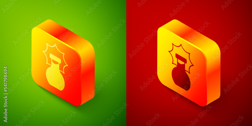 Isometric Chemical experiment, explosion in the flask icon isolated on green and red background. Chemical explosion in a test tube. Square button. Vector Isometric Chemical experiment, explosion in the flask icon isolated on green and red background. Chemical explosion in a test tube. Square button. Vector