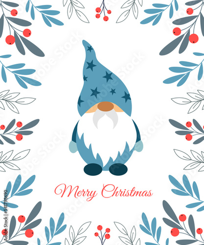 Vector Christmas postcard with cute gnome and floral frame and lettering in flat style.