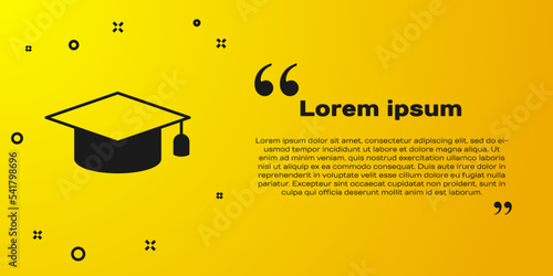 Black Graduation cap icon isolated on yellow background. Graduation hat with tassel icon. Vector