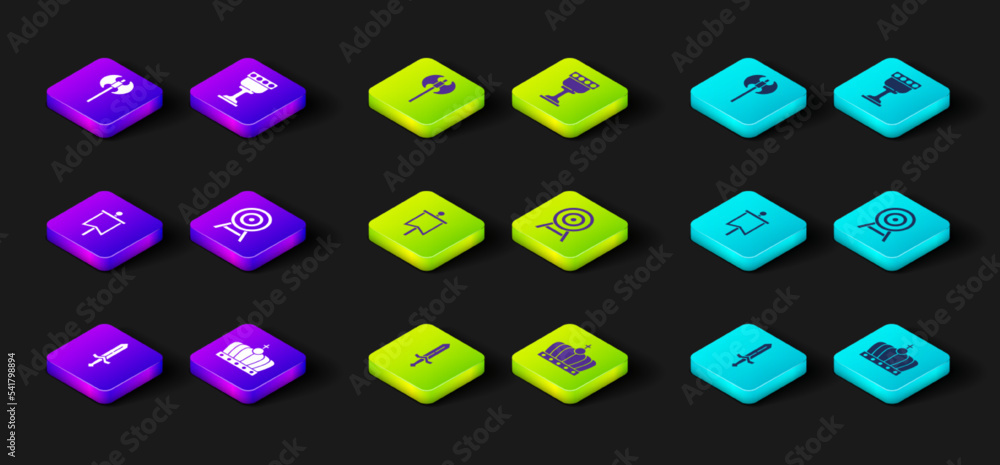 Set Medieval sword, King crown, flag, Target with arrow, goblet and axe icon. Vector Set Medieval sword, King crown, flag, Target with arrow, goblet and axe icon. Vector