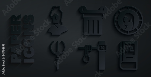 Set Gallows, Ancient Greek coin, Neptune Trident, history book, column and bust sculpture icon. Vector