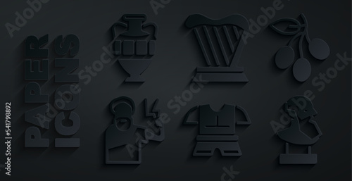 Set Body armor, Olives branch, Zeus, Ancient bust sculpture, Harp and amphorae icon. Vector