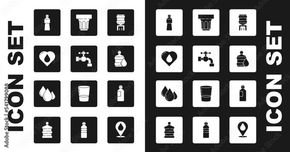 Set Water cooler, tap, Heart with water drop, Bottle of, Big bottle clean, Glass, and icon. Vector Set Water cooler, tap, Heart with water drop, Bottle of, Big bottle clean, Glass, and icon. Vector